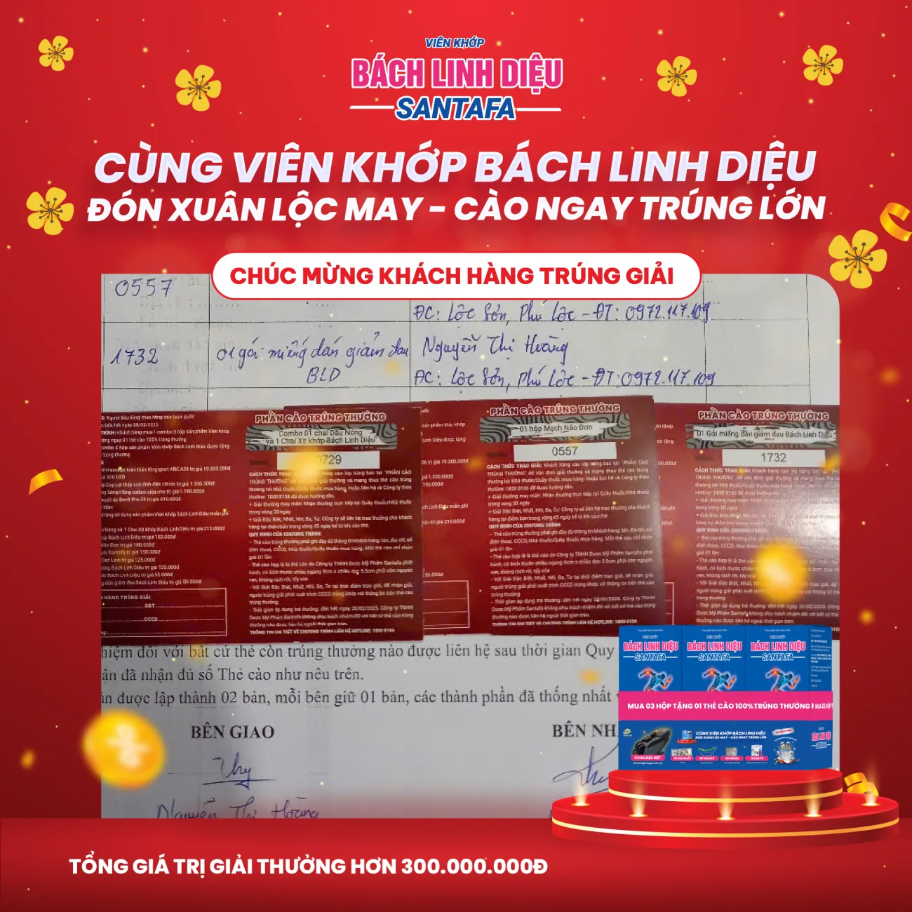 Hàng trăm khách hàng tiếp tục sở hữu những phần quà khủng của chương trình cùng Viên khớp Bách Linh Diệu: Đón xuân lộc may - Cào ngay trúng lớn Hàng trăm khách hàng tiếp tục sở hữu những phần quà khủng của chương trình cùng Viên khớp Bách Linh Diệu: Đón xuân lộc may - Cào ngay trúng lớn