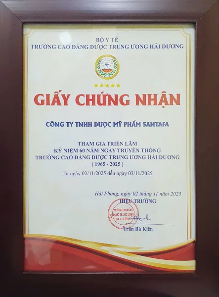Dược Mỹ phẩm Santafa vinh dự nhận giải thưởng tại lễ kỷ niệm 60 năm ngày truyền thống Trường Cao Đẳng Dược Trung ương Hải Dương Dược Mỹ phẩm Santafa vinh dự nhận giải thưởng tại lễ kỷ niệm 60 năm ngày truyền thống Trường Cao Đẳng Dược Trung ương Hải Dương